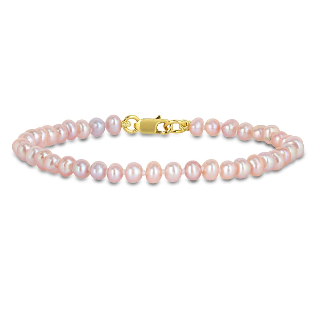 Miadora 3-4mm Pink Cultured Freshwater Pearl Bracelet Yellow Silver Clasp