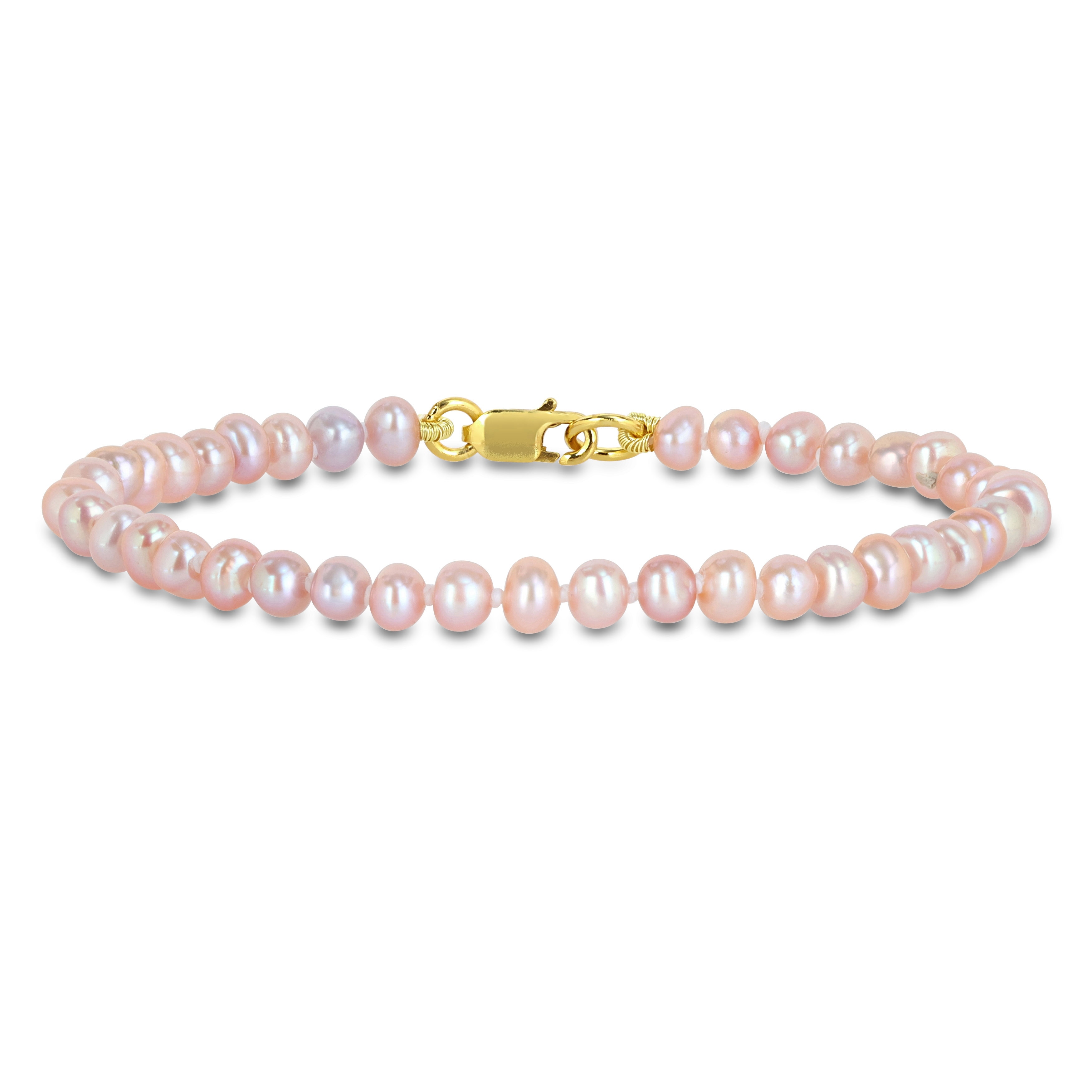 Miadora 3-4mm Pink Cultured Freshwater Pearl Bracelet Yellow Silver Clasp