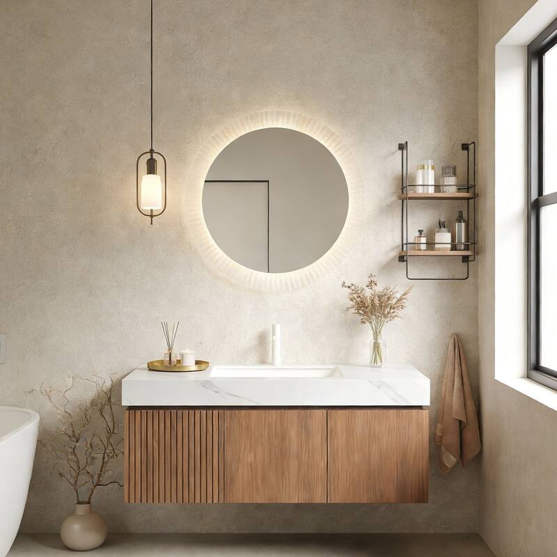 Floating Storage Bathroom Vanity with 1 Pre-drilled Faucet Hole - 48 - Brown Oak