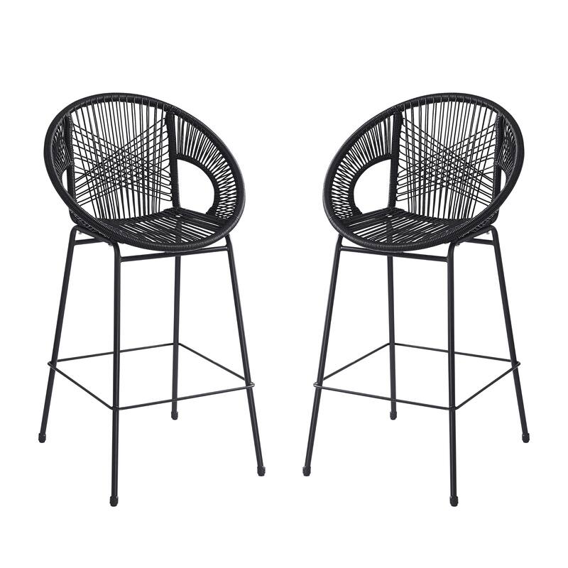 Roomfitters Ferrara Outdoor Faux Wicker Barstools with Metal Frame, Modern Patio Seating, Set of 2