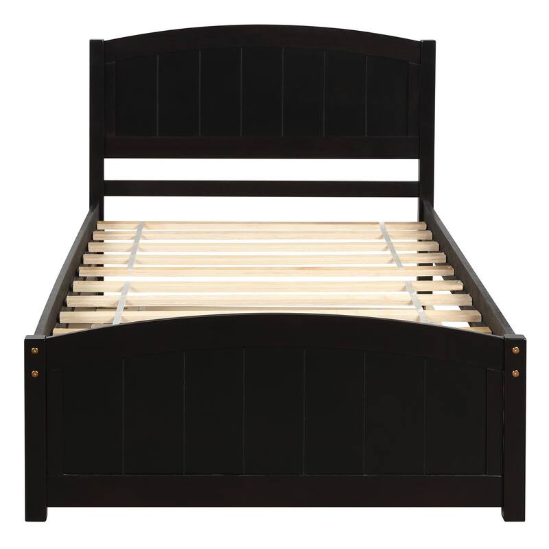 Twin Size Wood Platform Bed with Trundle Bed and Headboard, Wooden Slat Support