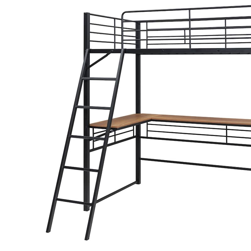 Metal Loft Bed with Under Bed L-shaped Desk and 3 Storage Shelves, Movable Ladder High Loft Bed