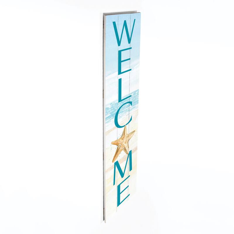 HomeRoots 11" X 47" Blue and White Coastal Welcome Solid Wood Wall Decor