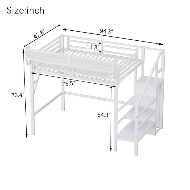 Metal Loft Bed with Wooden Stairs Built-in Storage Shelves and Wardrobe, High Loft Bed Frame with Side Grid Storage Rack