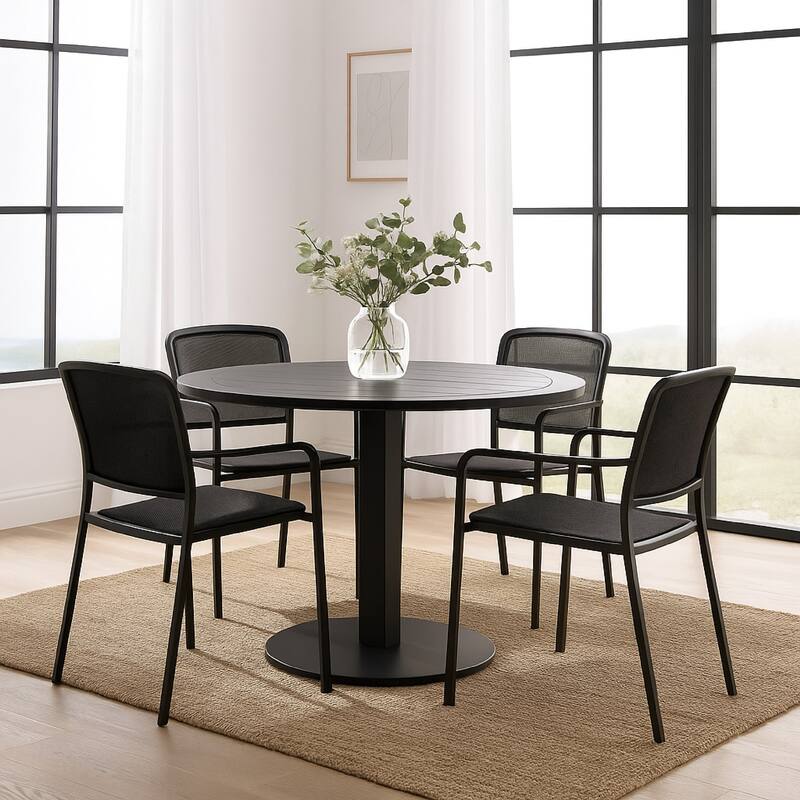Keli 35 Inch Round Dining Table, Gray Aluminum Frame, Foldable Design