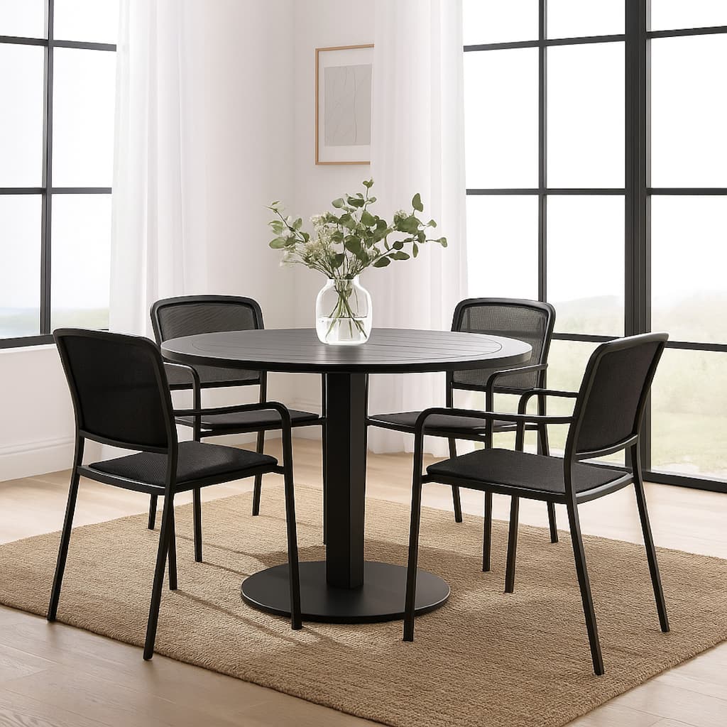 Keli 35 Inch Round Dining Table, Gray Aluminum Frame, Foldable Design