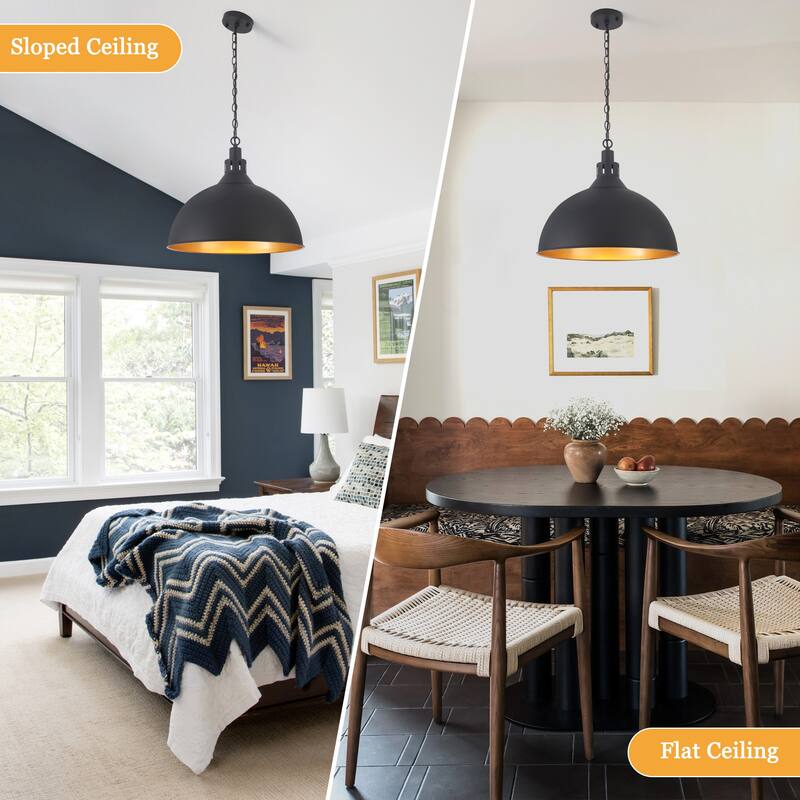 Modern Fashion Simple Black 1-Light Chandelier Height Adjustable With Metal Domed Shade