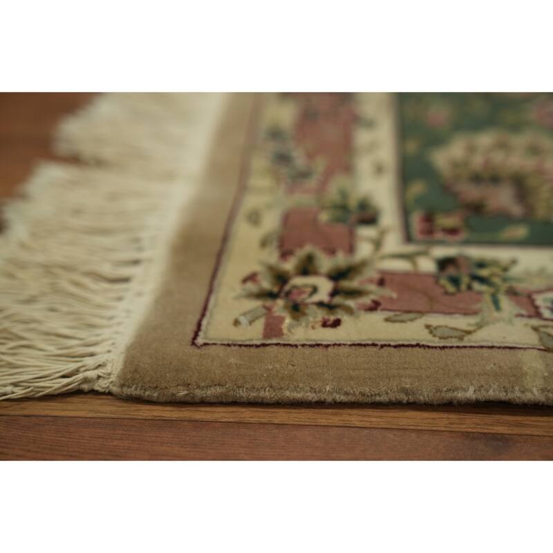 Hand Knotted Oriental Wool & Silk Carpet Traditional Floral Green Aubusson Area Rug - 12' 0'' X 9' 0''