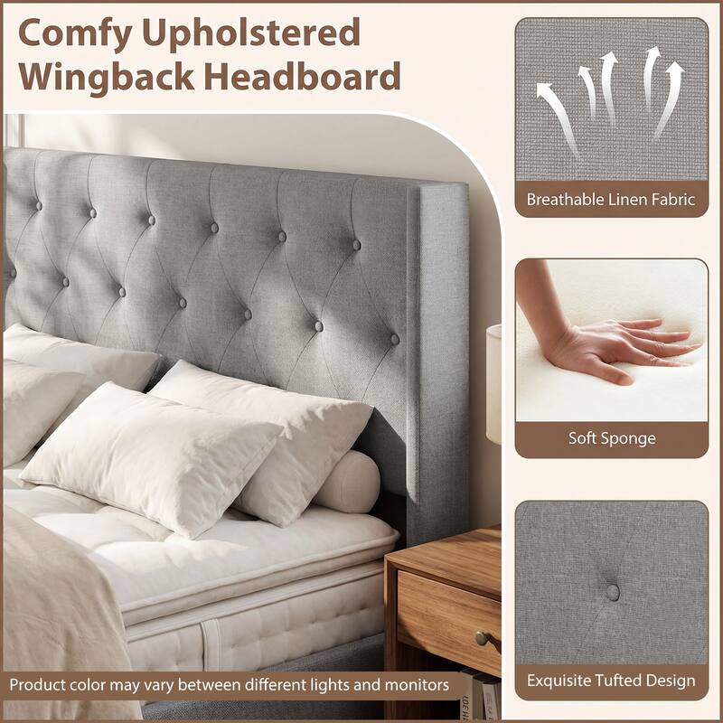 Gymax Queen Size Lift-up Storage Bed w/Tufted Wingback Headboard
