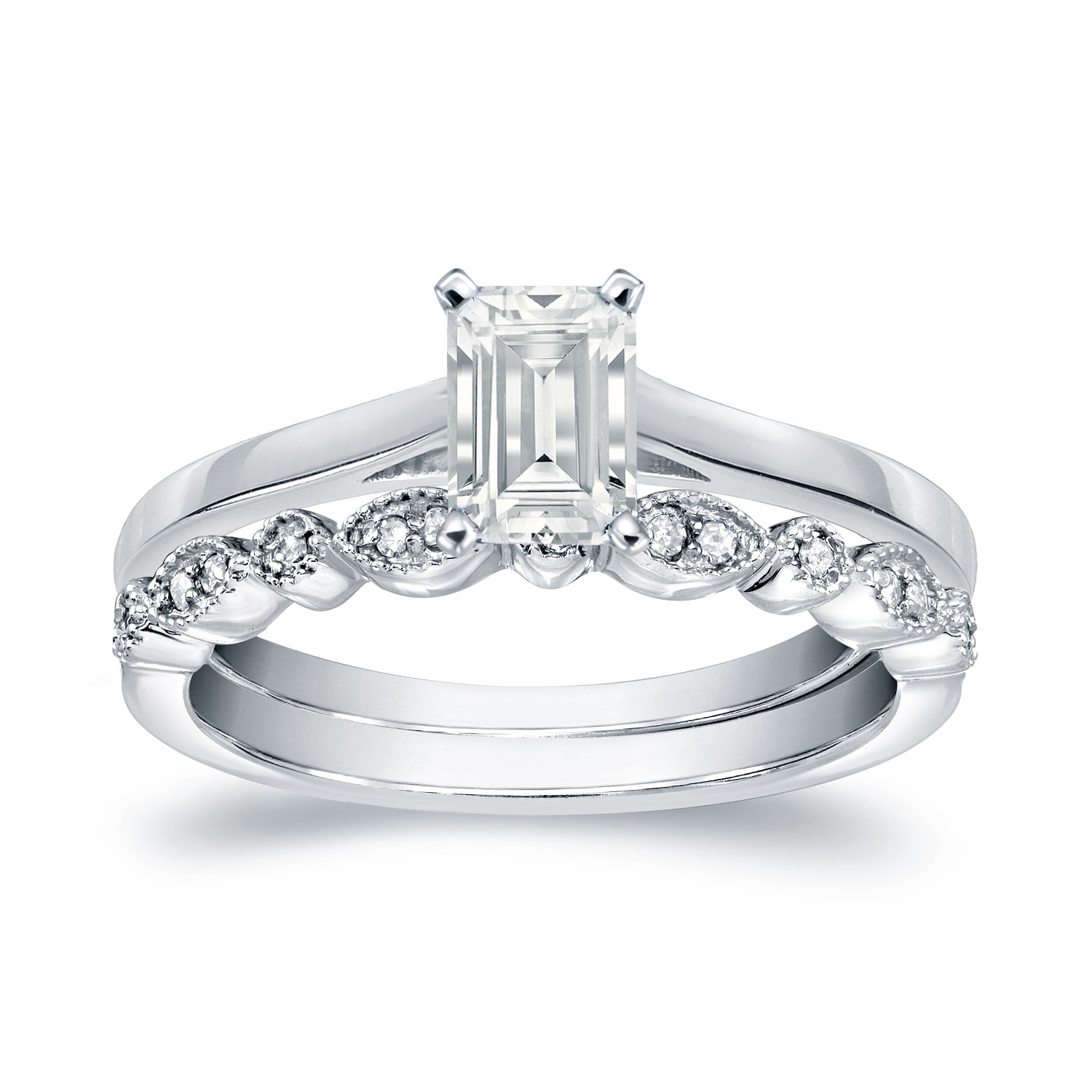 Auriya 14k Gold 1/2ctw Vintage Emerald-cut Solitaire Diamond Engagement Ring Set