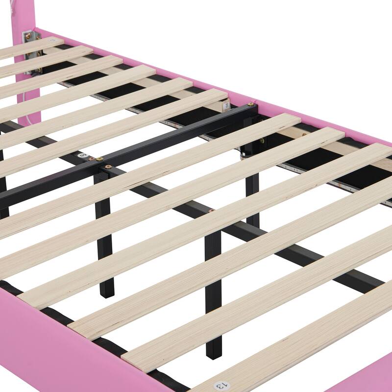 Twin Size Upholstered Princess Bed with Crown Headboard and LED Lights, Pink and White