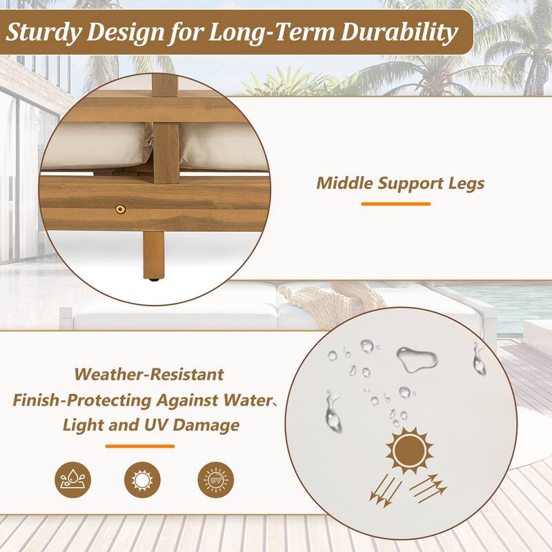 Outdoor Daybed with Four Pillows, Wooden Outdoor Bed with Curved Armrests for Poolside