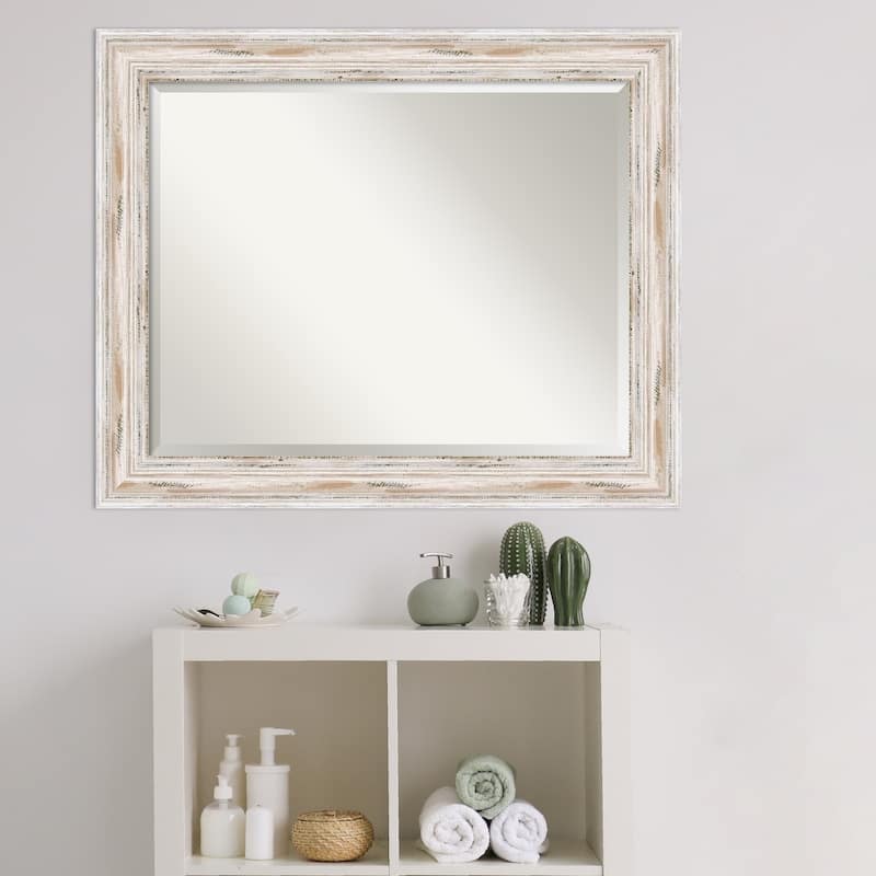 Beveled Wood Bathroom Wall Mirror - Alexandria White Wash Frame - Outer Size: 33 x 27 in