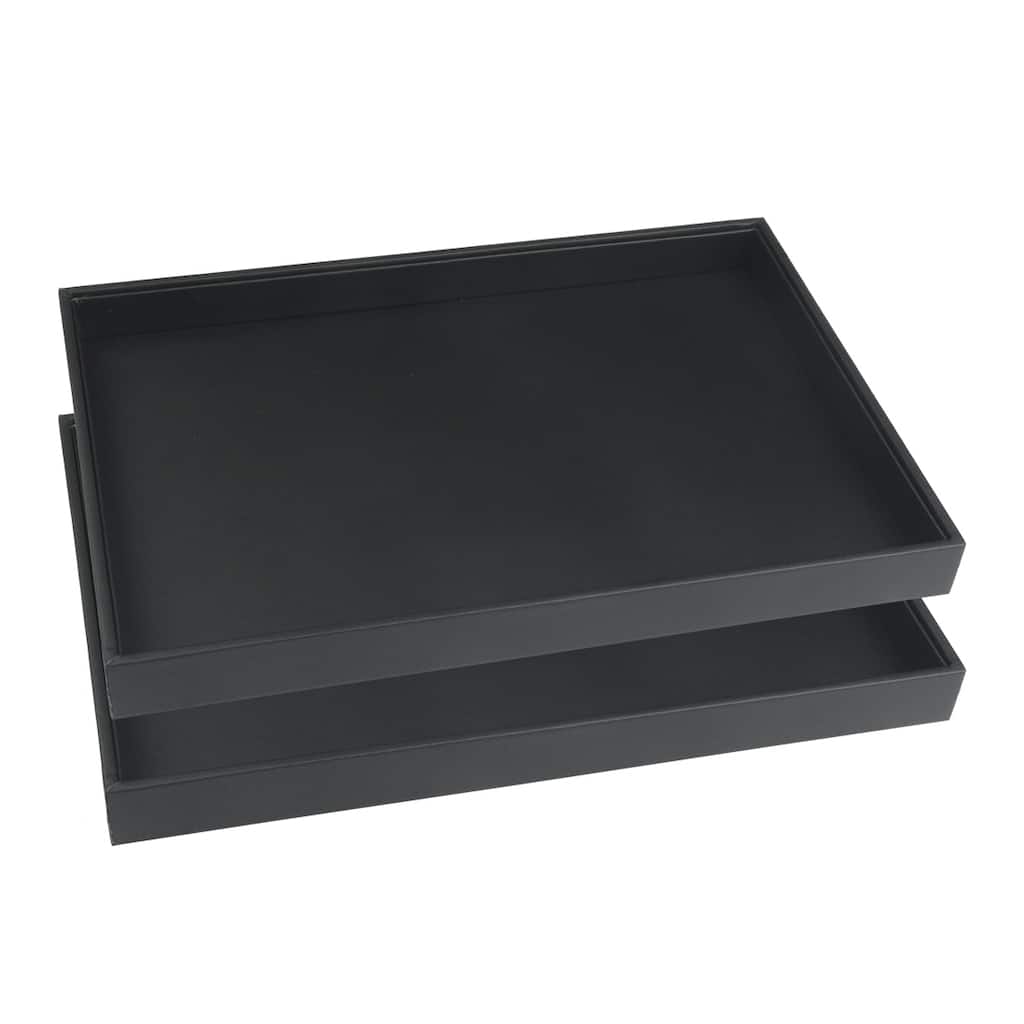 Set of 2 Stackable Jewelry Organizer Trays with Removable Dividers for Drawers, PU Leather Jewelry Organizer Drawer - Black
