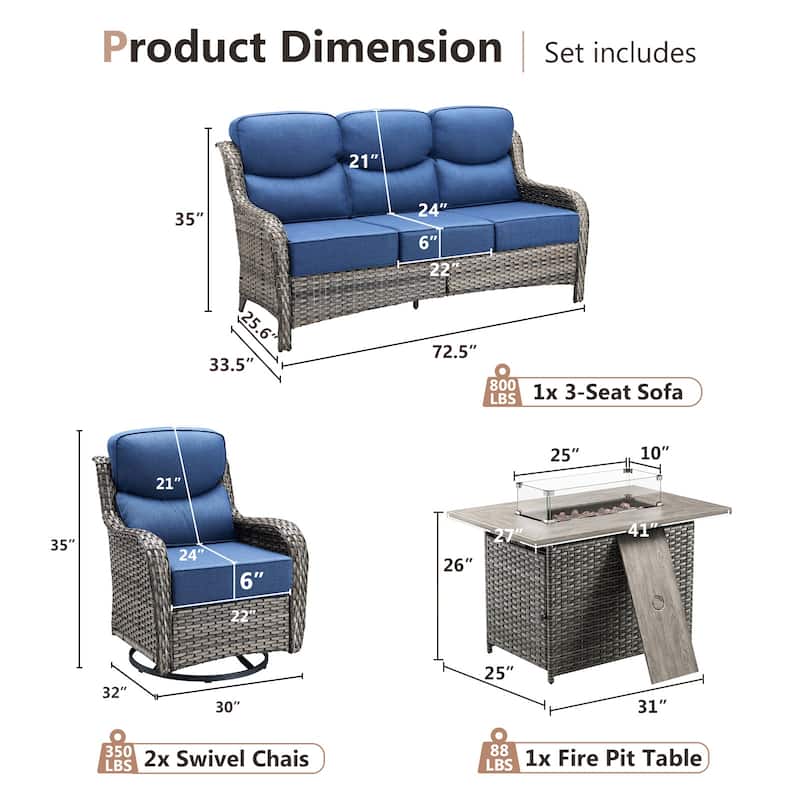 Pocassy Outdoor 6 Inch Sofa Chair Ottoman with Fire Pit Table Set