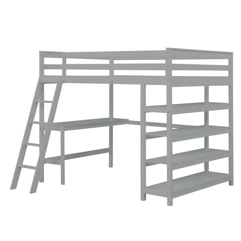 Loft Bed Full with Storage Desk Ladder and Shelves White