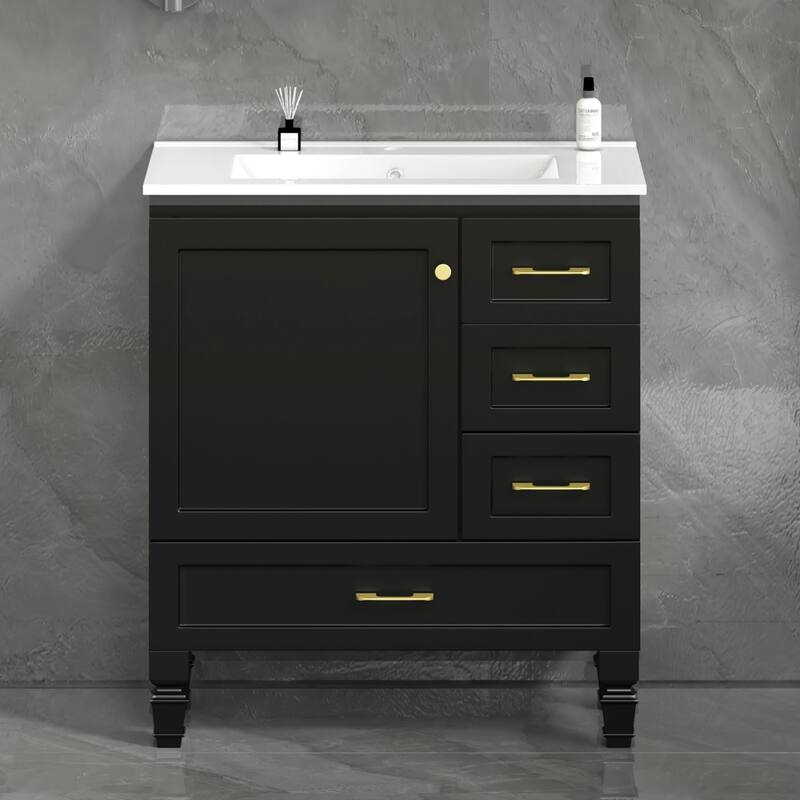 30" Bathroom Vanity. Abundant Storage Cabinet -1 Soft close doors and 3 drawers - Black