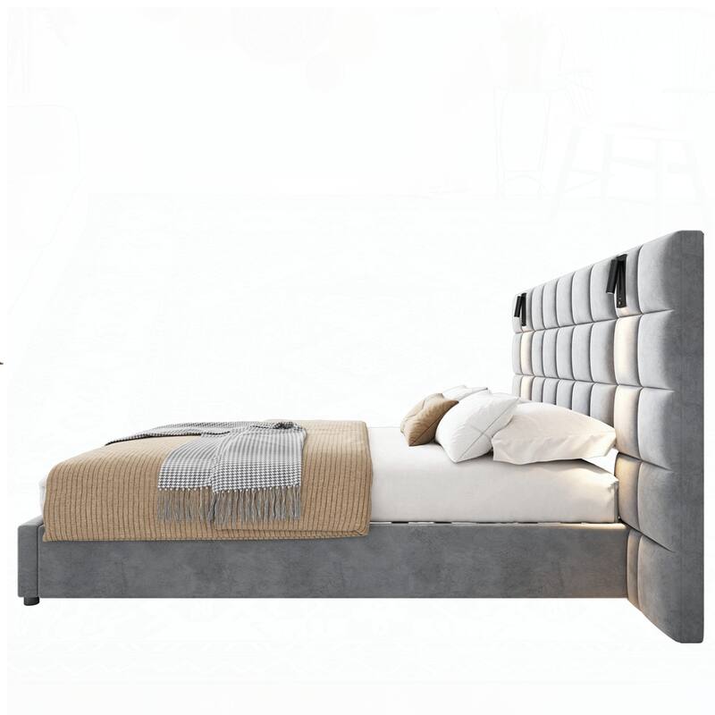 wide headboard Upholstered bed with reading lamp and USB port
