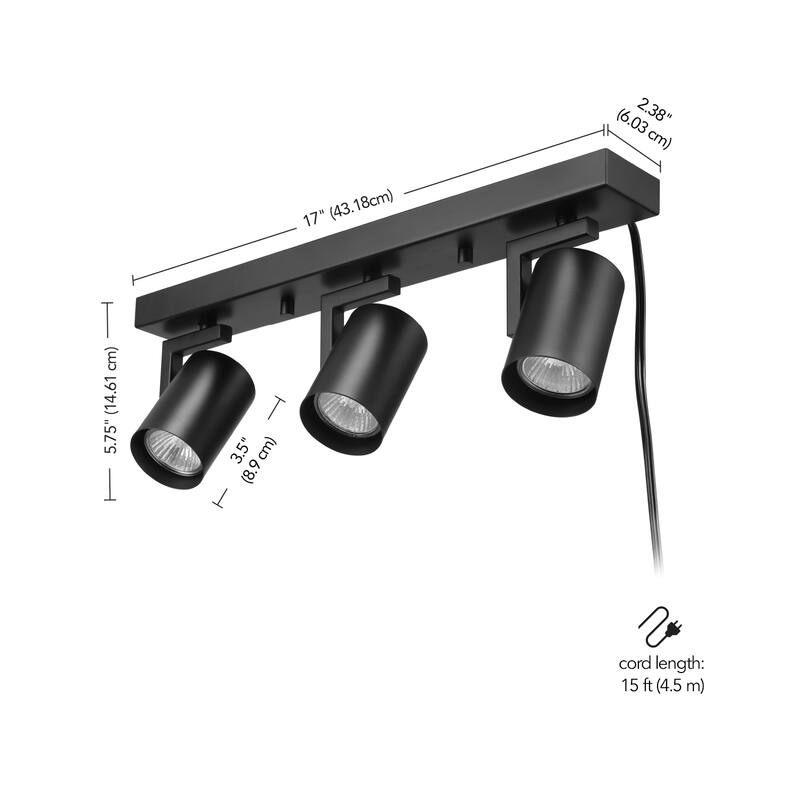 17" 3-Light Matte Black Plug-In Track Lighting with 15 Foot Cord and Pivoting Track Heads - 2.38"