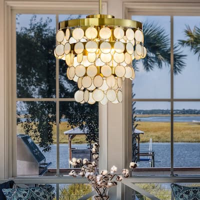 4-Light Round Coastal Capiz Shells Tiered Chandelier With Antique Gold Metal-Open Box