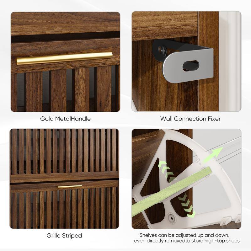 31.5"W Walnut Grille Striped Shoe Cabinet, 18 Pair Shoe Storage Cabinet W/2 Flip-Top Drawer - N/A