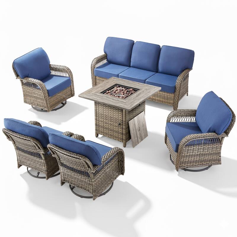 Pocassy Outdoor Sofa Ottoman Swivel Chair Table with Fire Table Funiture Set.
