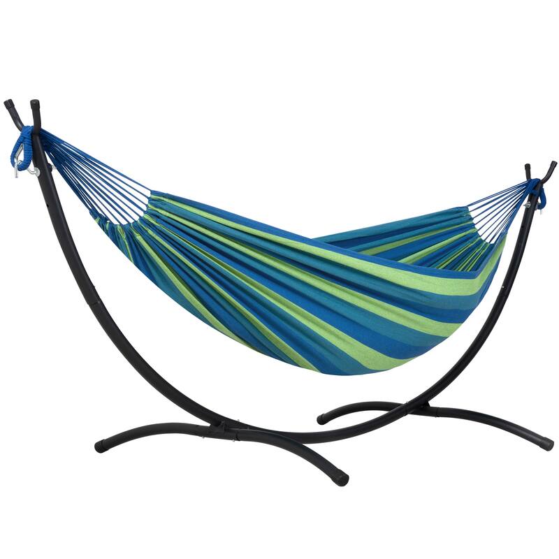 9.35 ft. 2-Person Brazilian-Style Foldable and Portable Outdoor Hammock Bed with Stand Set - 112.2 in.* 44.1 in. *40.9 in. - Blue and Green
