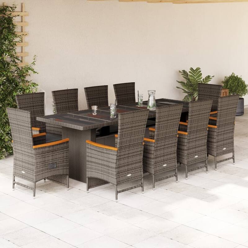 vidaXL Patio Dining Set with Cushions Garden Outdoor Furniture Gray Poly Rattan - 22.8" x 24.4" x 42.5" - Gray 11pcs-reclining chair
