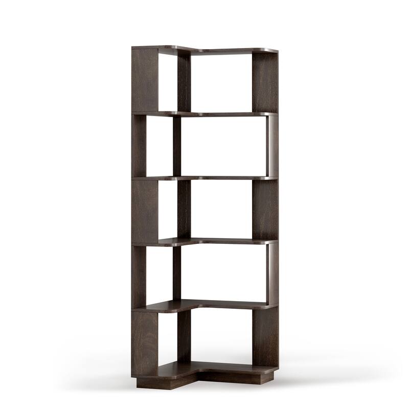 GDFStudio - Elysande Wood Corner Bookcase with 6-Tier Anti-Fall Design