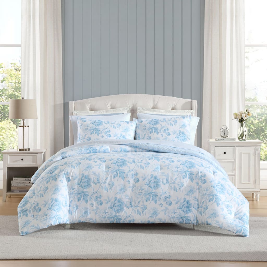 Laura Ashley Anja Textured Toile Reversible Blue Comforter Bonus Set
