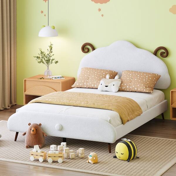 slide 2 of 15, Full Size Upholstered Platform Bed with Sheep-Shaped Headboard For Kids White