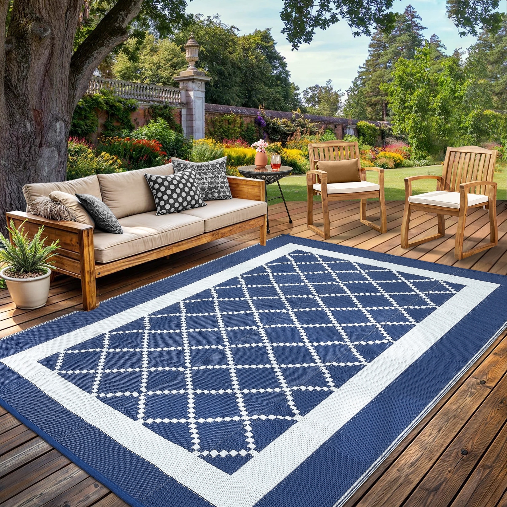 Garvee Modern Waterproof Outdoor Rug Reversible Plastic Straw Geometric Mat for Patio Balcony Backyard