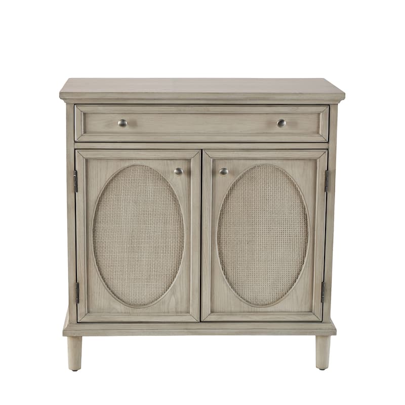 Wooden Geometric Oval Rattan Front 2 Door and 1 Drawer Cabinet - Light Gray - Roche River Decor - 18"W x 34"L x 35"H
