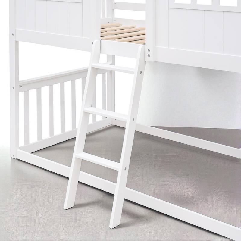 Twin Over Twin House Bunk Bed with Roof and Window, Solid Wood Frame with Ladder for Kids