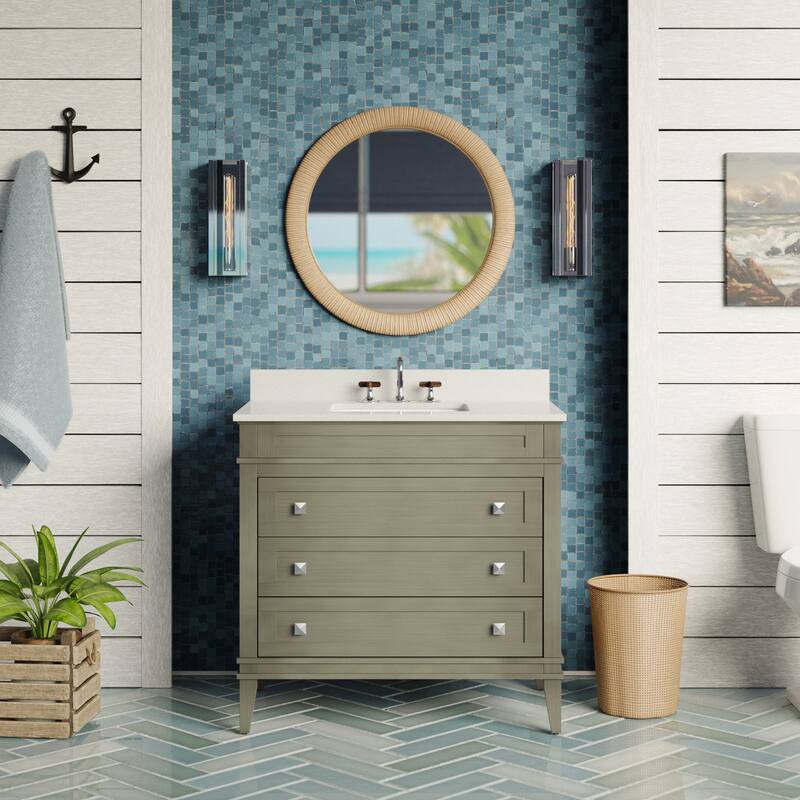 KitchenBathCollection Eleanor 36" Bathroom Vanity with Carrara Marble Top - Weathered Gray