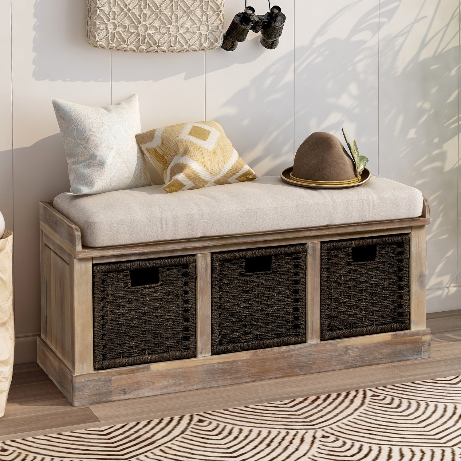 Nestfair Entryway Storage Bench with Cushion and Basket Antique Navy