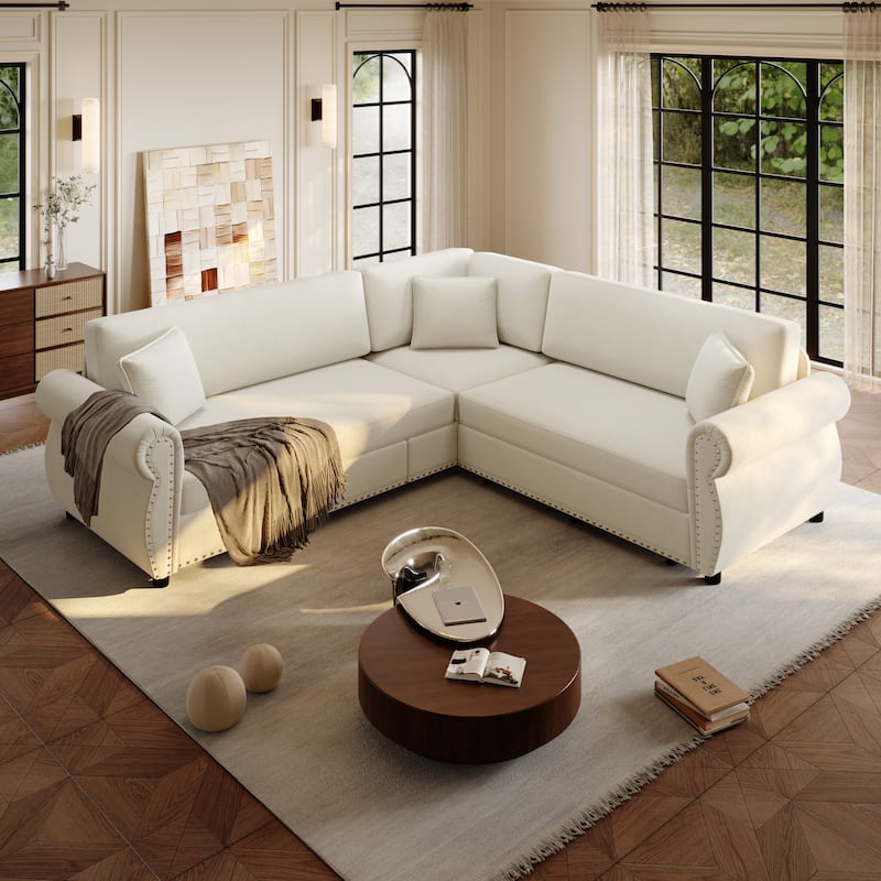 88.2" L-Shaped Sleeper Sectional Sofa with Pull-Out Bed - Chenille Convertible Couch, Nailhead Trim, for Living Room