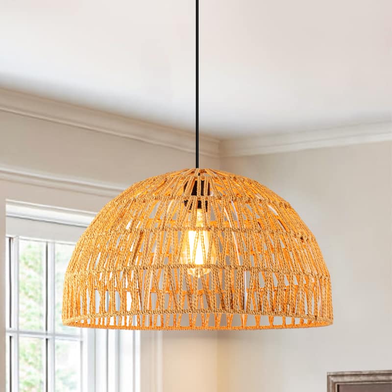 1-Light Modern Farmhouse Bohemian Round Hand-Woven Rattan Flush Mount Light Dome Pendant Light