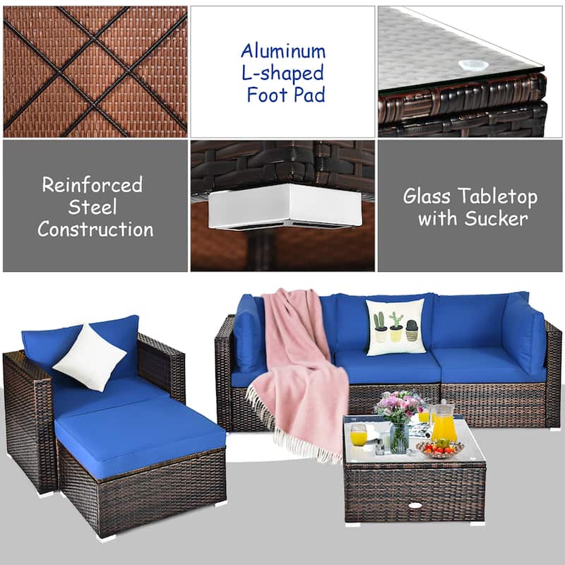 Costway 6PCS Patio Rattan Furniture Set Sofa Coffee Table Ottoman Navy - See Description