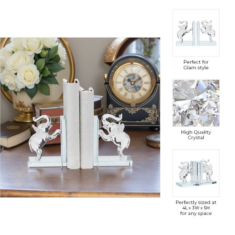 Set of 2 Clear Frosted Elephant Bookends - Contemporary Crystal 5" Standing Elephant Bookends For Home or Office Book