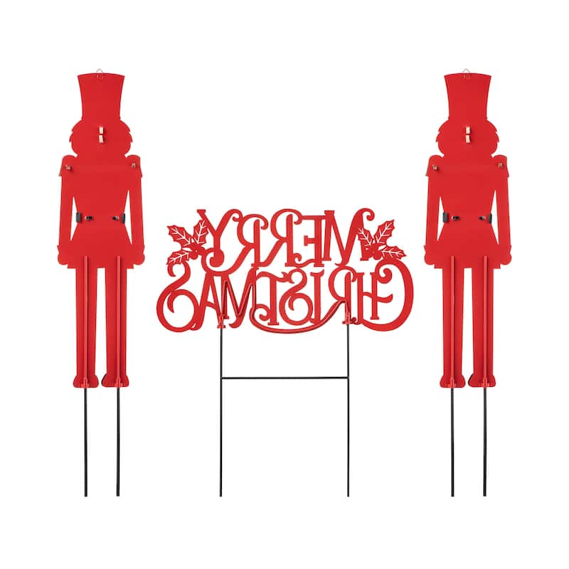 Glitzhome Metal Nutcracker with MERRY CHRISTMAS or Snowman with HAPPY HOLIDAYS Yard Stakes Wall Decor(Set of 3 )