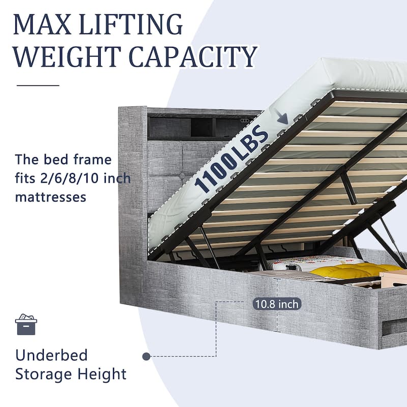 VECELO Lift Up Storage Bed Frame with LED Lights USB Charging Ports Hydraulic Platform 2-Tier Headboard Shelves Full & Queen