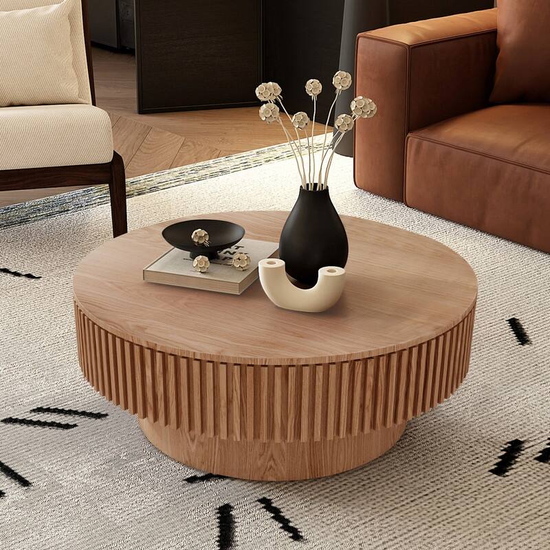 Modern 31.5" Round Coffee Table with Storage Solid Wood Veneer for Living Room and Bedroom Use - Natural Wood
