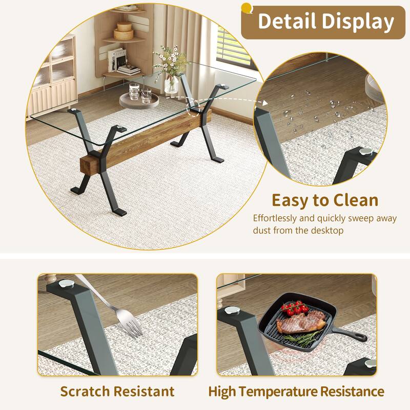 79" Glass Dining Table Set for 6, Modern Tempered Glass Table with 6 Upholstered Chairs, Kitchen Table and Chairs for 6