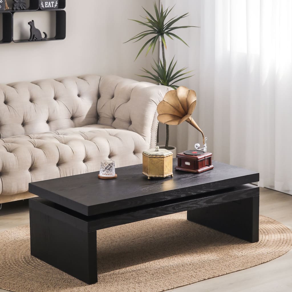47.6" Rectangle Black Coffee Table, Modern Wood Grain 2-Tier Living Room Cocktail Table