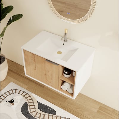 Malwee 24"/30" Floating Bathroom Vanity, Wall Mounted Bathroom Vanity with Ceramic Sink,Soft Close Door and Shelf