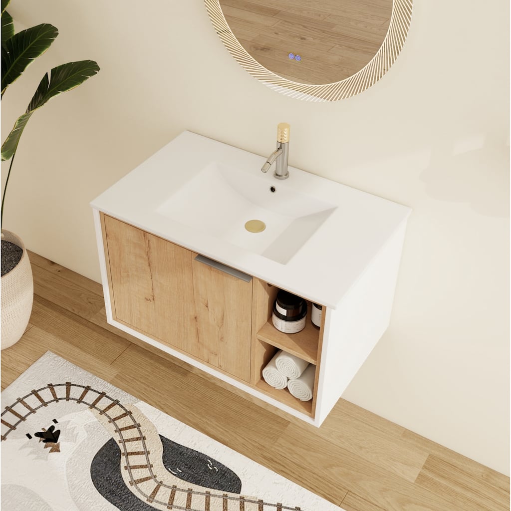 Malwee 24"/30" Floating Bathroom Vanity, Wall Mounted Bathroom Vanity with Ceramic Sink,Soft Close Door and Shelf
