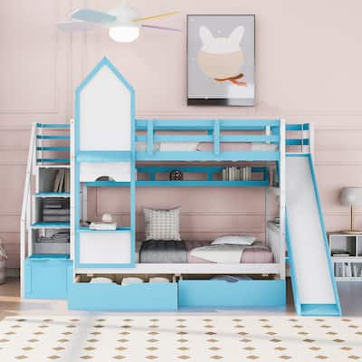 Castle Style Bunk Bed with 2 Drawers 3 Shelves and Slide