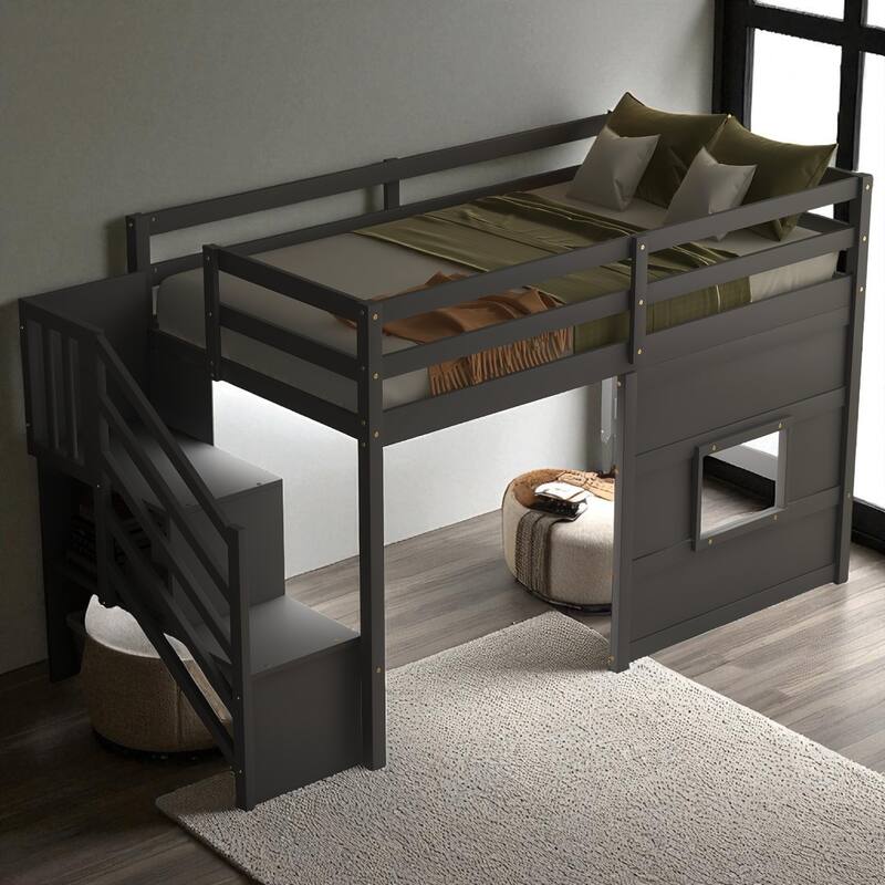 Twin Size Loft Bed with Storage Staircase, Window, LED Light and Guardrails, Solid Wood Frame