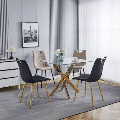 35.43"W Modern Square Dining Table with Cross Metal Leg and Tempered Glass Top